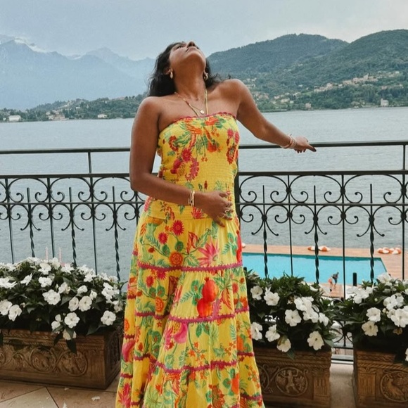 Farm Rio Delicate Fruit Garden Yellow Smocked Strapless Halter Tiered Maxi Dress - Picture 4 of 14